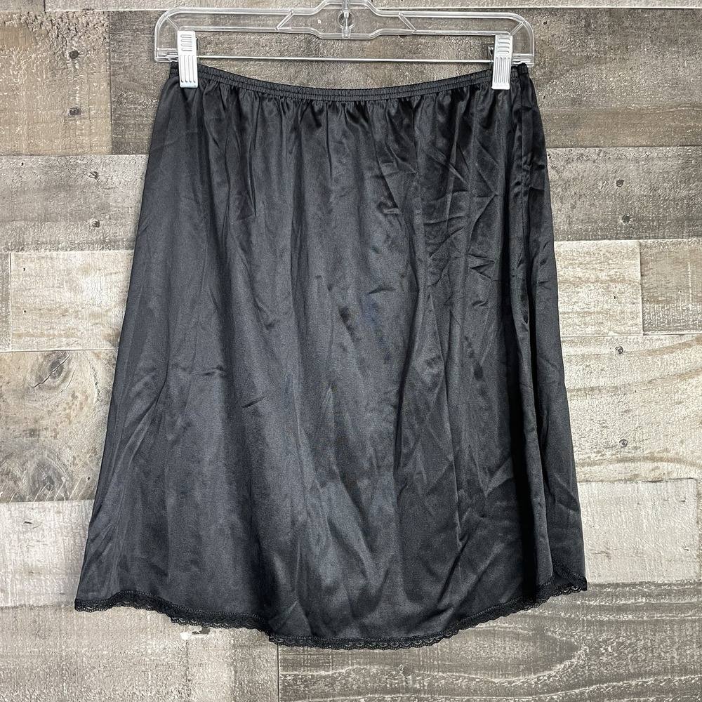 Vtg Vassarette Nylon Black Side Slit Lace Trim Pull On Size L 20"